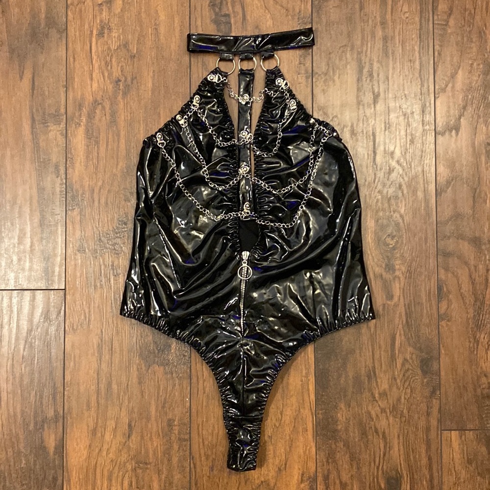 Shiny Black Faux Leather & Silver Chain Rave Bodysuit